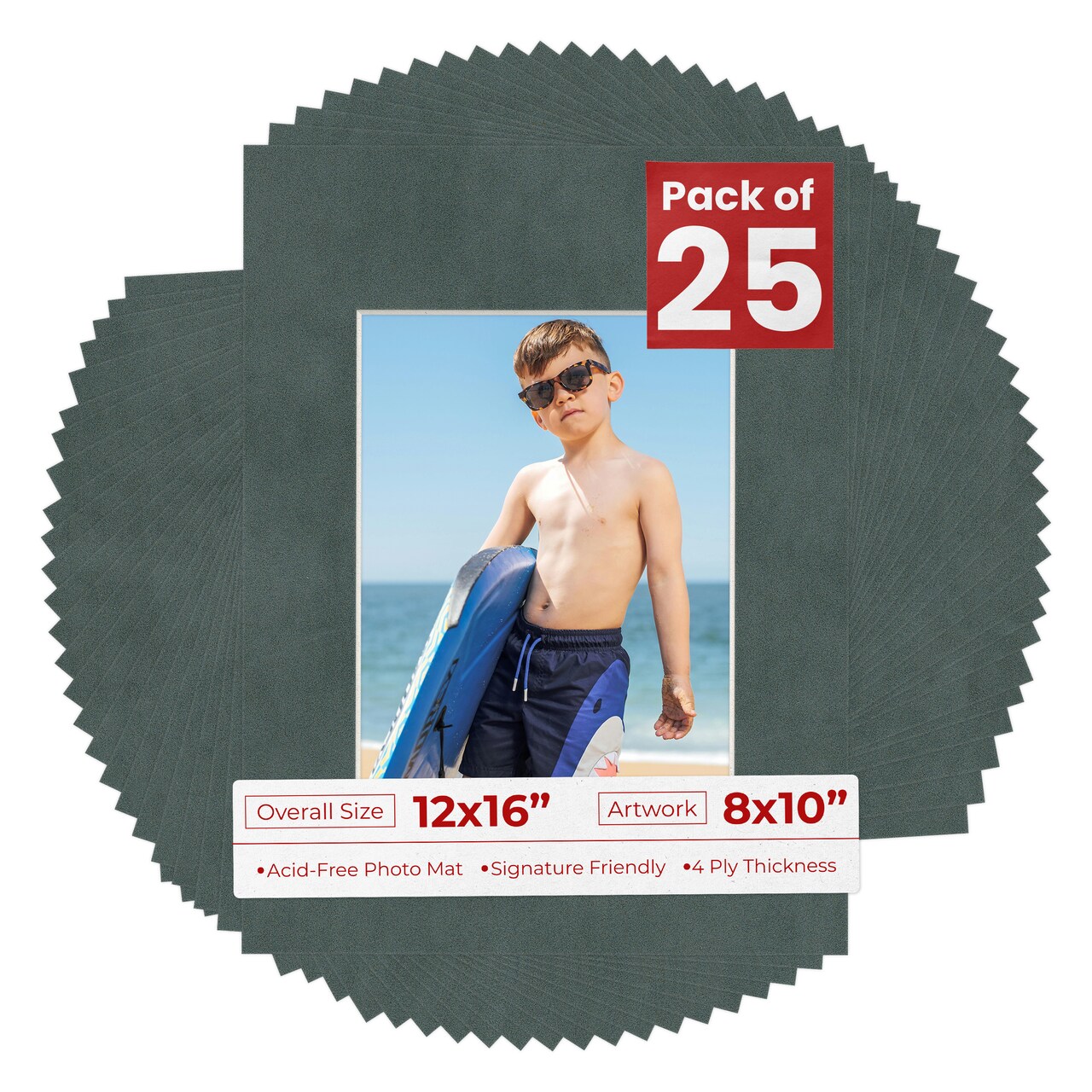 Dark Grey Suede Mat Board for 12x16 Frames - Fits 8x10 Photos